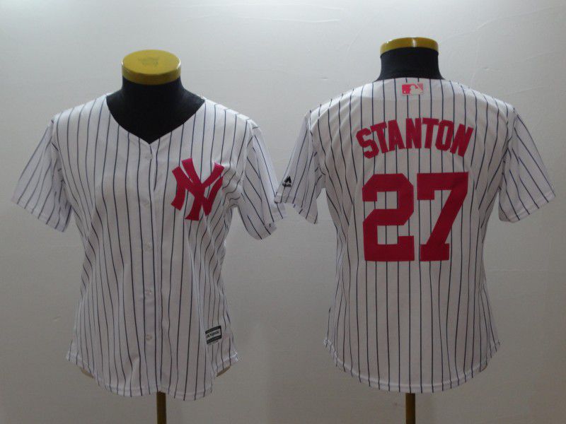 Women New York Yankees #27 Stanton White stripes red MLB Jerseys->women mlb jersey->Women Jersey